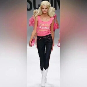 Moschino Barbie Limited Edition Dark Wash Jeans Pink Trim Mid Rise